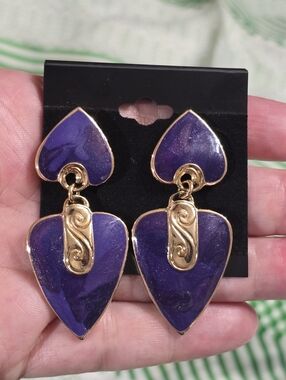 Vintage 80s Edgar Berebi Gold-Tone Marbled Purple Enamel Drop Post Earrings